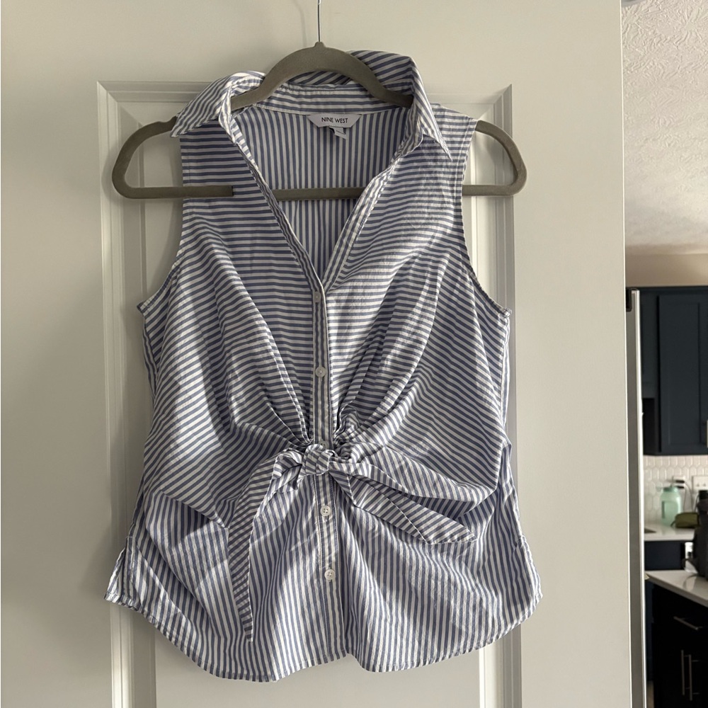Nine West Navy Striped Tie-Front Blouse size medium